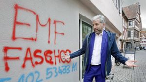 Tübingens OB Boris Palmer fragt sich, was die Sprayer mit ihren Botschaften sagen wollen – und kann über die illegalen Graffitis nur den Kopf schütteln. Foto: Horst Haas